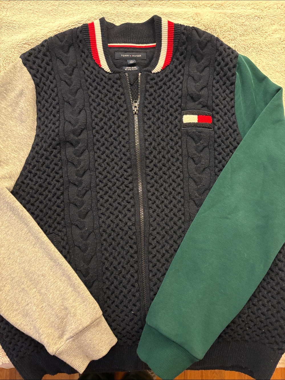 Tommy Hilfiger Navy Cable-Knit Bomber with Gray & Green Sleeves